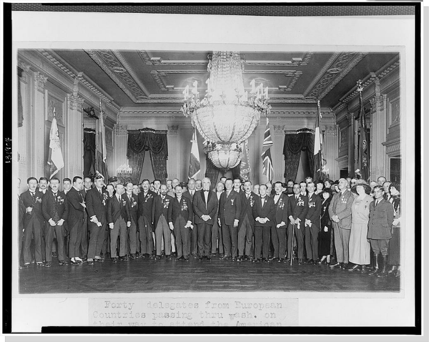 Forty delegates from European countries passing through Washington on their way to attend the American Legion Convention at New Orleans are entertained at the White House by President Harding.
